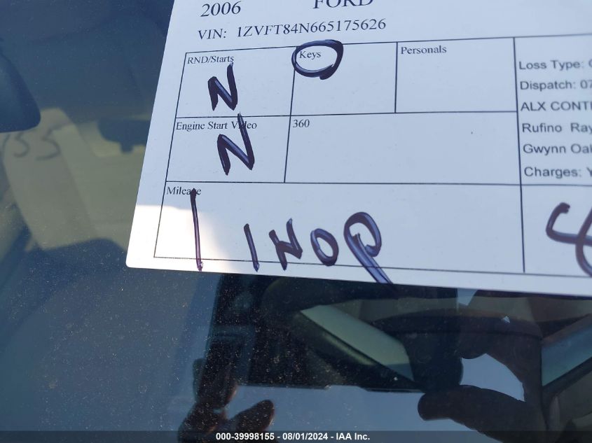 2006 Ford Mustang V6 VIN: 1ZVFT84N665175626 Lot: 39998155