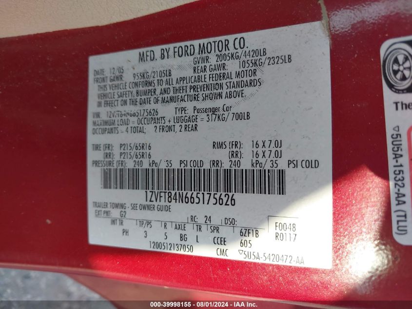 2006 Ford Mustang V6 VIN: 1ZVFT84N665175626 Lot: 39998155