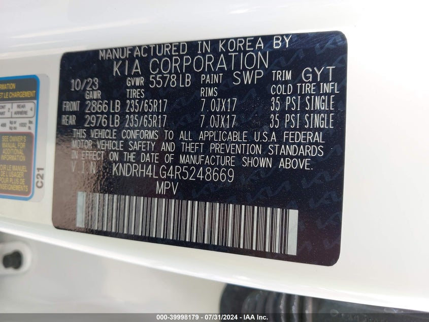 VIN KNDRH4LG4R5248669 2024 KIA SORENTO HYBRID EX