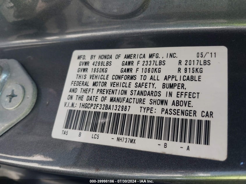 2011 Honda Accord 2.4 Lx VIN: 1HGCP2F32BA132987 Lot: 39998186