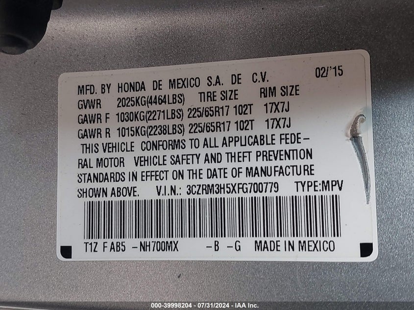 2015 Honda Cr-V Ex VIN: 3CZRM3H5XFG700779 Lot: 39998204