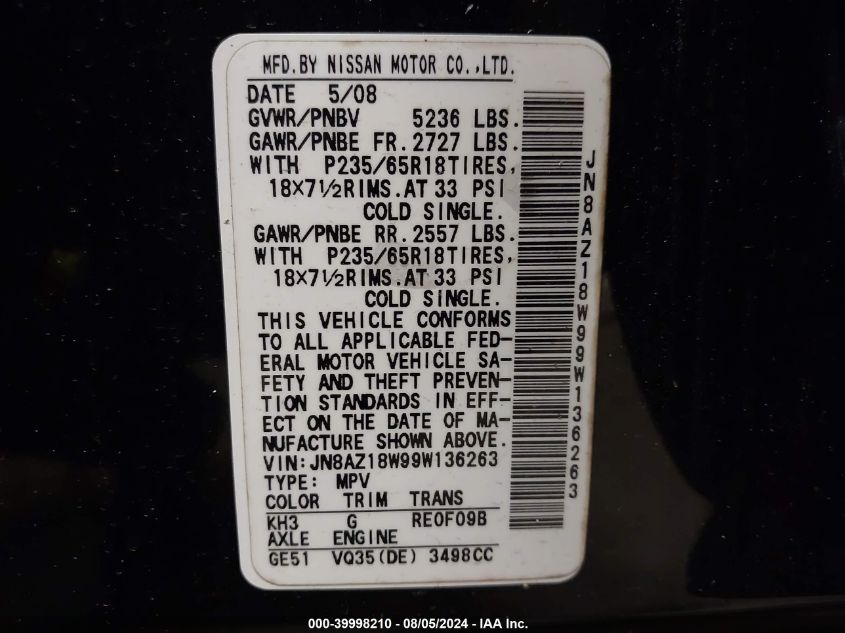 2009 Nissan Murano Sl VIN: JN8AZ18W99W136263 Lot: 39998210