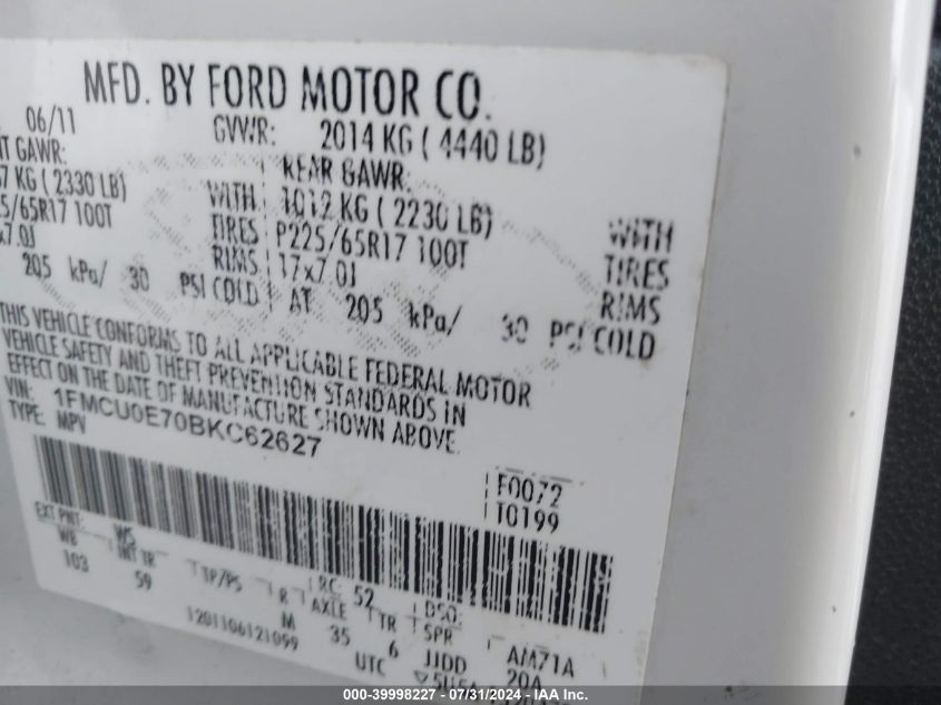 2011 Ford Escape Limited VIN: 1FMCU0E70BKC62627 Lot: 39998227