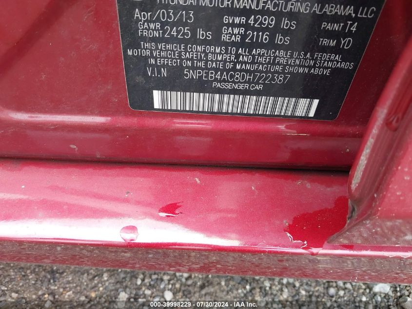 2013 Hyundai Sonata Gls VIN: 5NPEB4AC8DH722387 Lot: 39998229