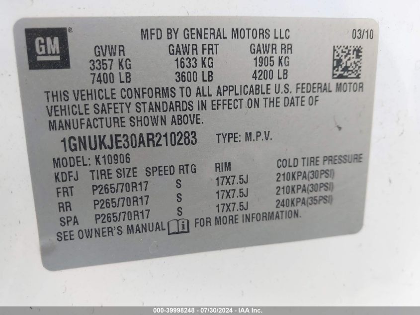 2010 Chevrolet Suburban 1500 Lt1 VIN: 1GNUKJE30AR210283 Lot: 39998248