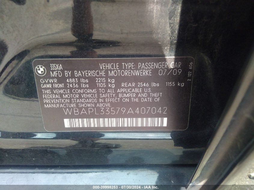 2009 BMW 335I xDrive VIN: WBAPL33579A407042 Lot: 39998253