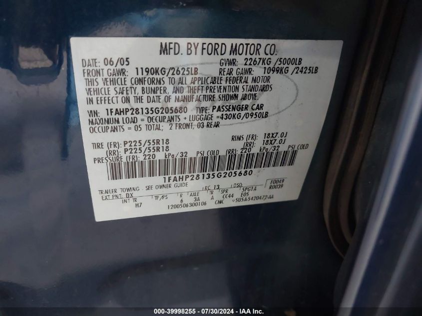 1FAHP28135G205680 | 2005 FORD FIVE HUNDRED