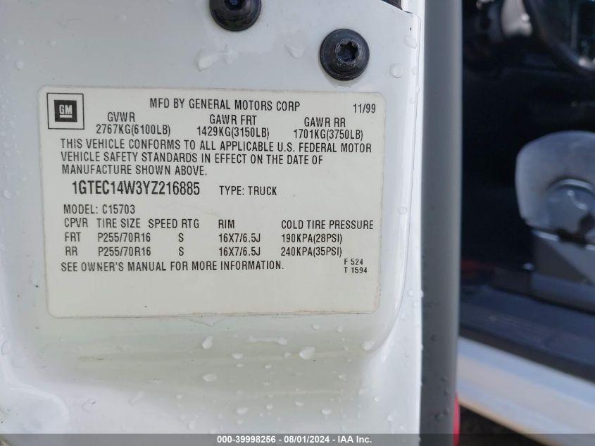 2000 GMC New Sierra C1500 VIN: 1GTEC14W3YZ216885 Lot: 39998256