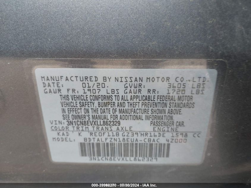 2020 Nissan Versa Sv Xtronic Cvt VIN: 3N1CN8EVXLL862329 Lot: 39998270