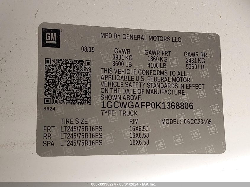 2019 Chevrolet Express G2500 VIN: 1GCWGAFP0K1368806 Lot: 39998274