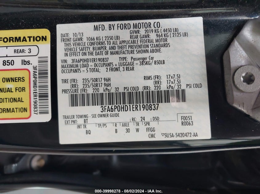2014 Ford Fusion Se VIN: 3FA6P0HD1ER190837 Lot: 39998278
