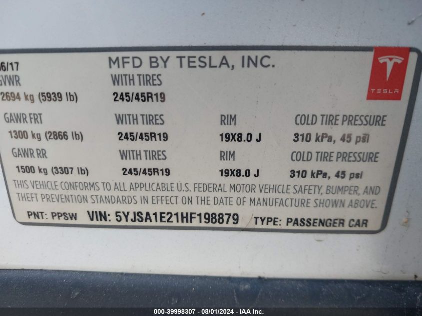 2017 Tesla Model S 100D/60D/75D/90D/P100D VIN: 5YJSA1E21HF198879 Lot: 39998307