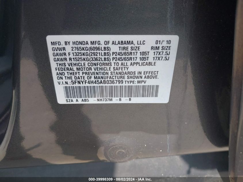 2010 Honda Pilot Ex VIN: 5FNYF4H45AB036799 Lot: 39998309