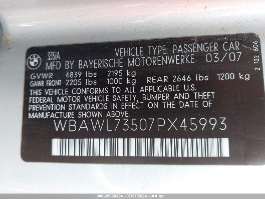 2007 BMW 335I VIN: WBAWL73507PX45993 Lot: 39998324