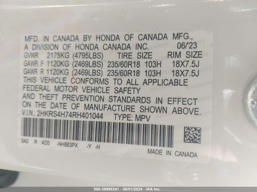 2HKRS4H74RH401044 2024 Honda Cr-V Ex-L Awd