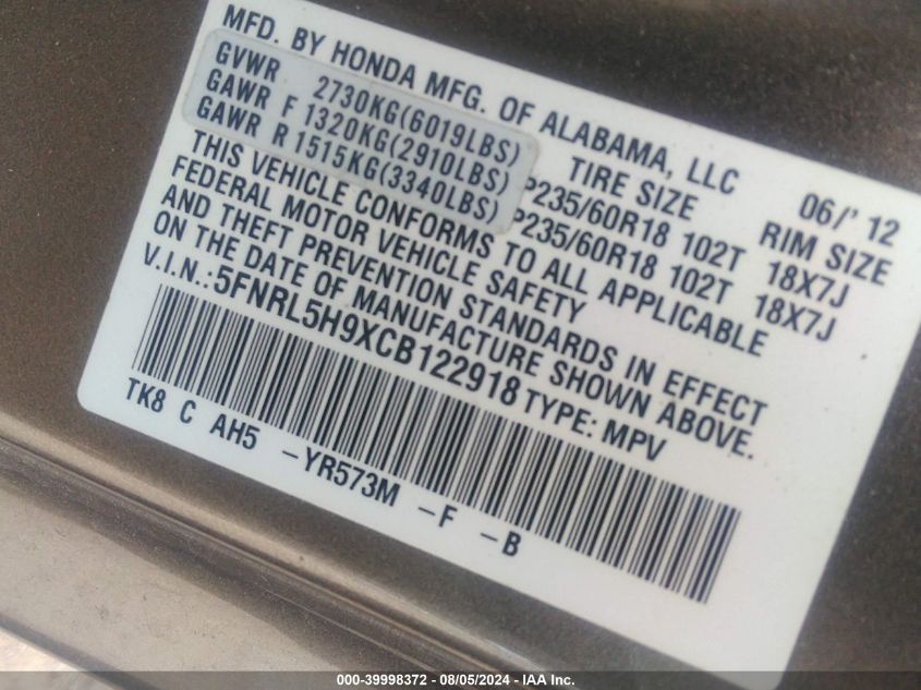 2012 Honda Odyssey Touring/Touring Elite VIN: 5FNRL5H9XCB122918 Lot: 39998372