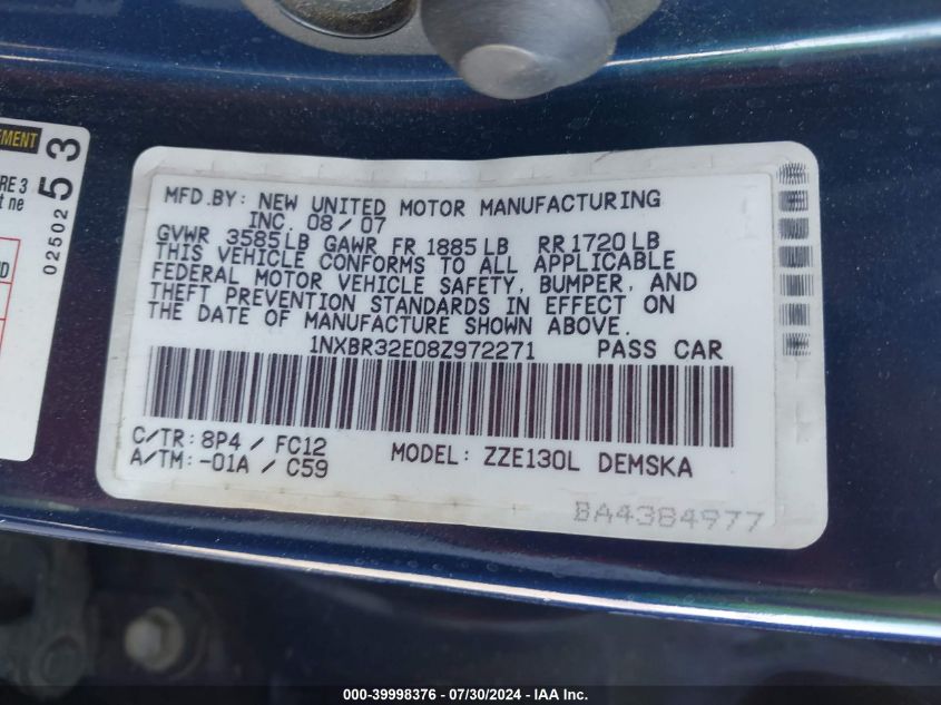 2008 Toyota Corolla S VIN: 1NXBR32E08Z972271 Lot: 39998376