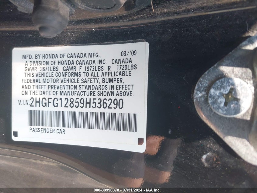 2009 Honda Civic Ex VIN: 2HGFG12859H536290 Lot: 39998378