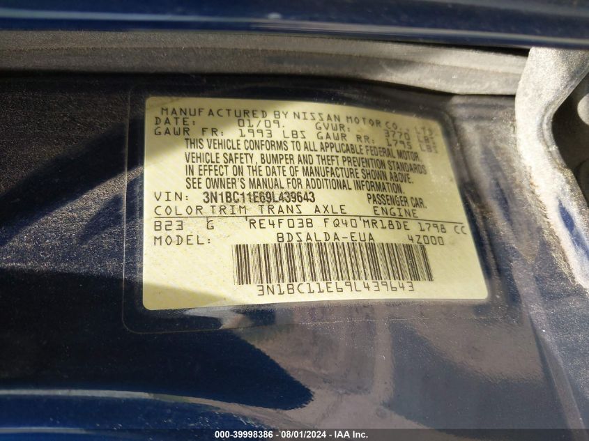 2009 Nissan Versa 1.8 S VIN: 3N1BC11E69L439643 Lot: 39998386