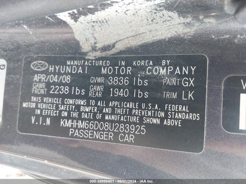 2008 Hyundai Tiburon Gs VIN: KMHHM66D08U283925 Lot: 39998401