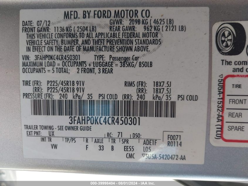 2012 Ford Fusion Sport VIN: 3FAHP0KC4CR450301 Lot: 39998404