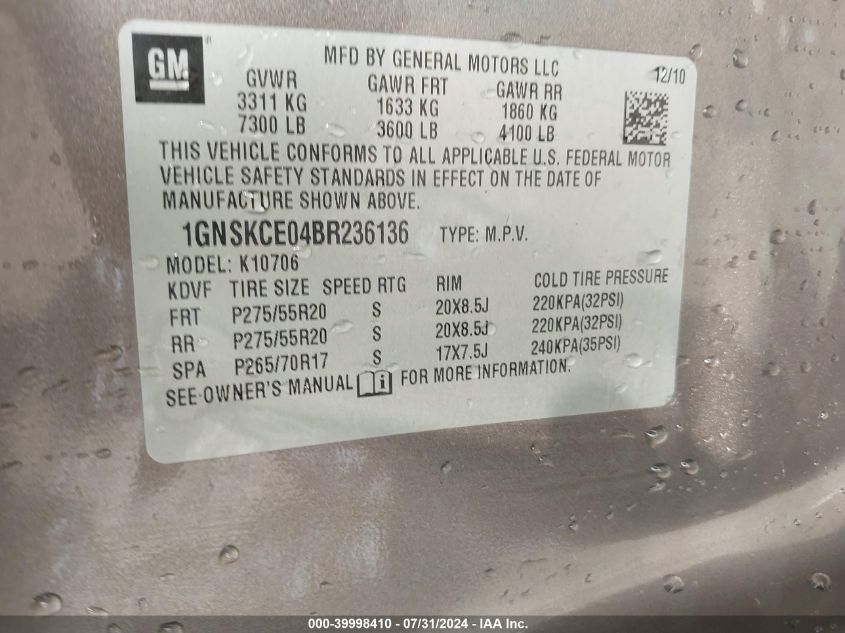 2011 Chevrolet Tahoe K1500 Ltz VIN: 1GNSKCE04BR236136 Lot: 39998410