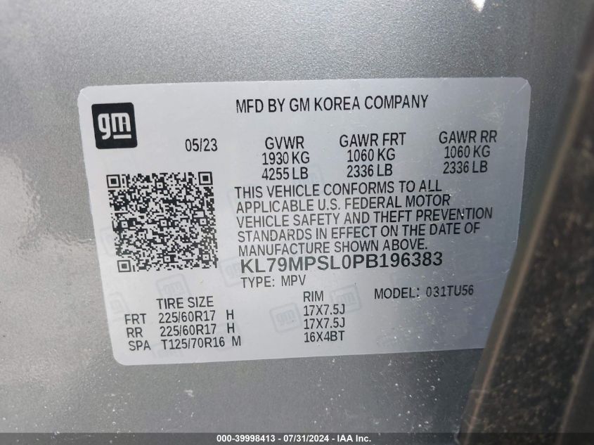 2023 Chevrolet Trailblazer Fwd Lt VIN: KL79MPSL0PB196383 Lot: 39998413