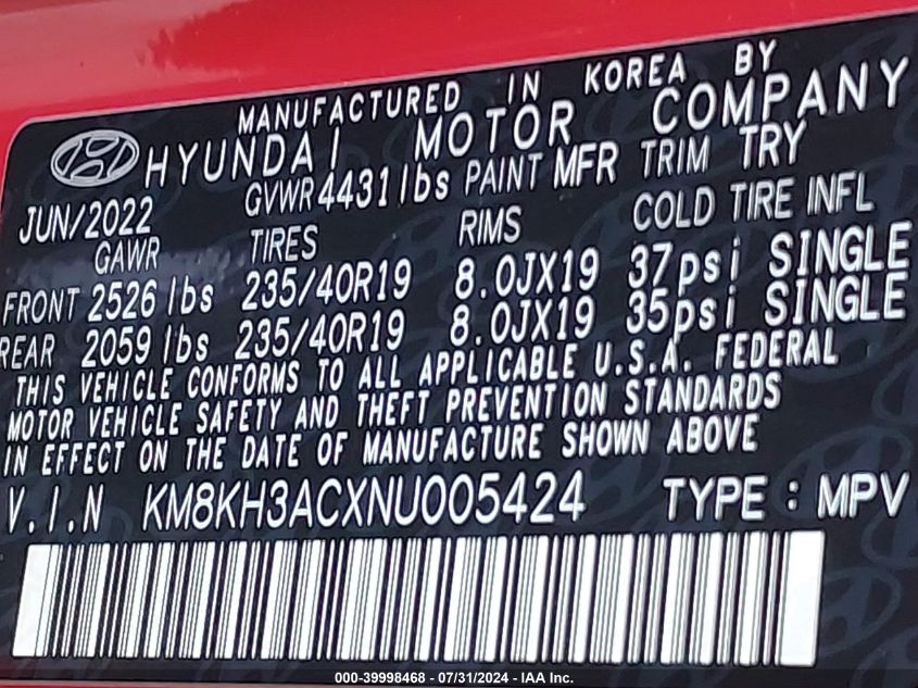 2022 Hyundai Kona N VIN: KM8KH3ACXNU005424 Lot: 39998468