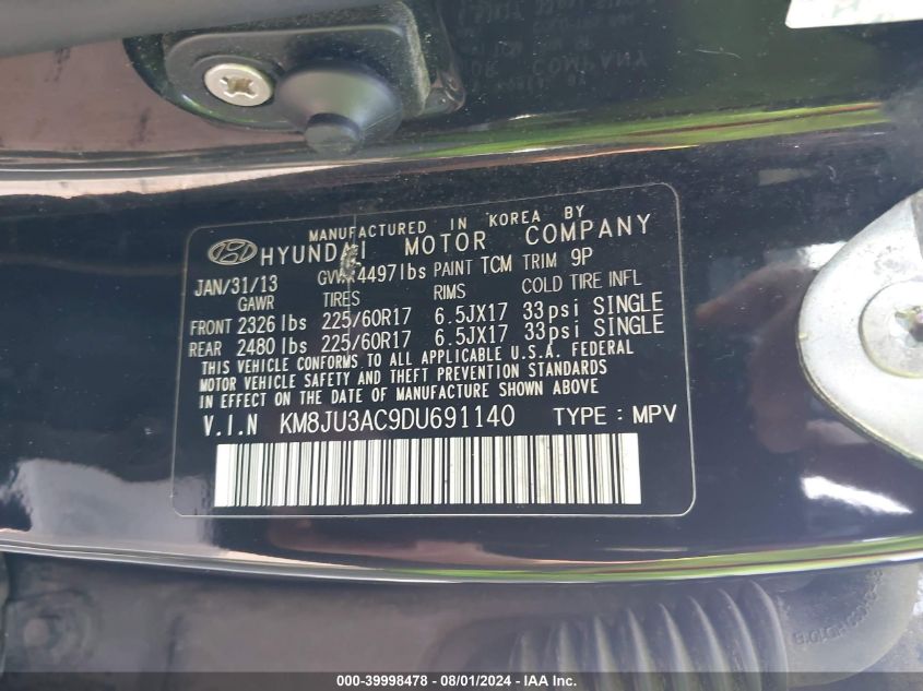 2013 Hyundai Tucson Gls VIN: KM8JU3AC9DU691140 Lot: 39998478