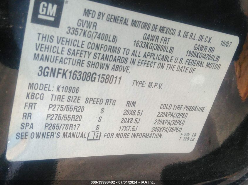 2008 Chevrolet Suburban 1500 Lt VIN: 3GNFK16308G158011 Lot: 39998492