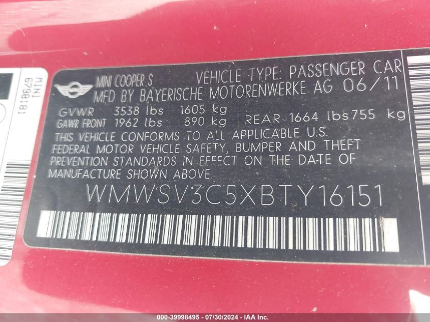 2011 Mini Cooper S VIN: WMWSV3C5XBTY16151 Lot: 39998495
