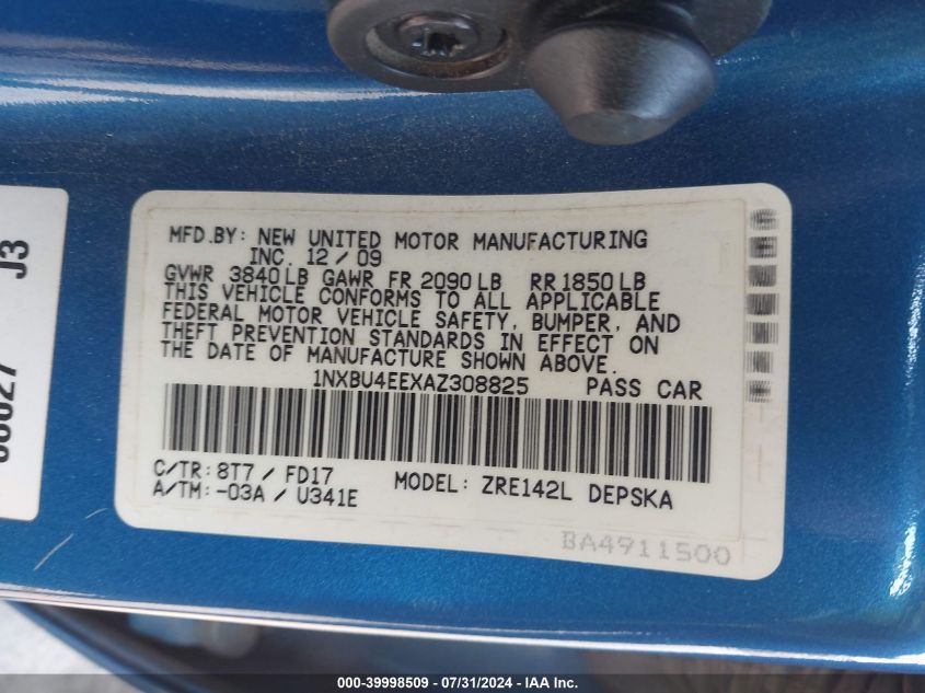 2010 Toyota Corolla Le/S/Xle VIN: 1NXBU4EEXAZ308825 Lot: 39998509