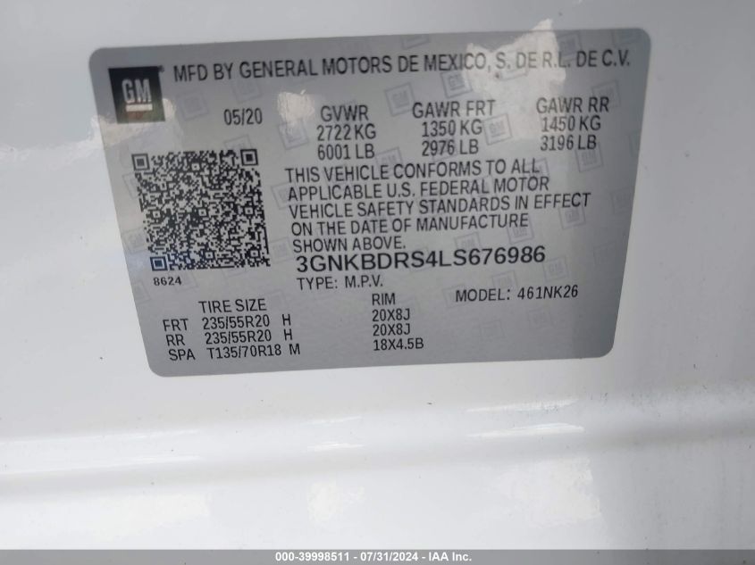 2020 Chevrolet Blazer Fwd 3Lt VIN: 3GNKBDRS4LS676986 Lot: 39998511