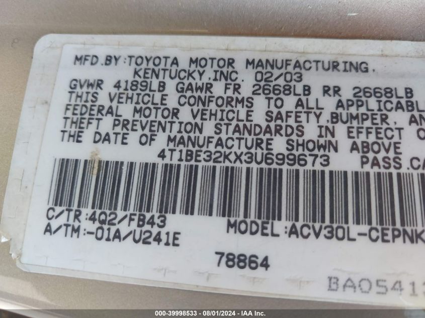 4T1BE32KX3U699673 2003 Toyota Camry Le