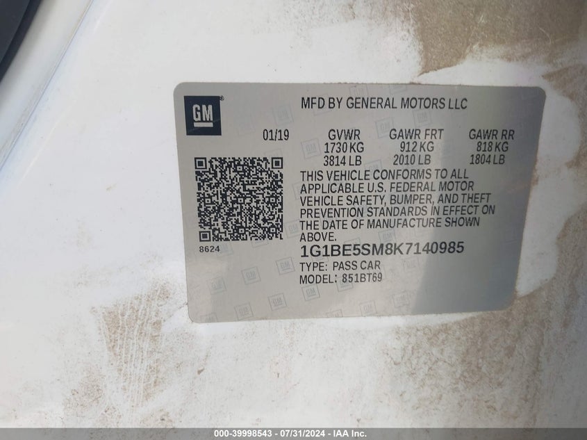 2019 CHEVROLET CRUZE LT - 1G1BE5SM8K7140985