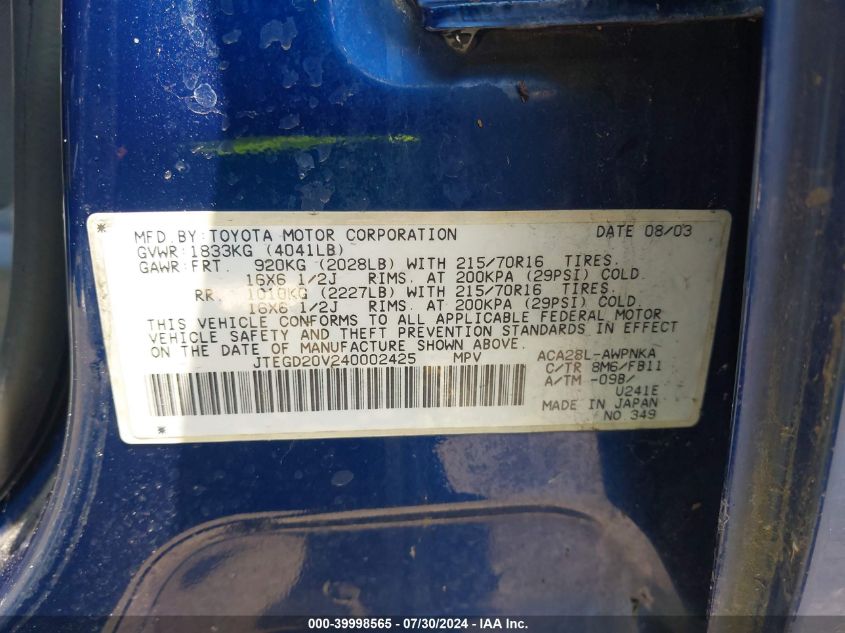 2004 Toyota Rav4 VIN: JTEGD20V240002425 Lot: 39998565