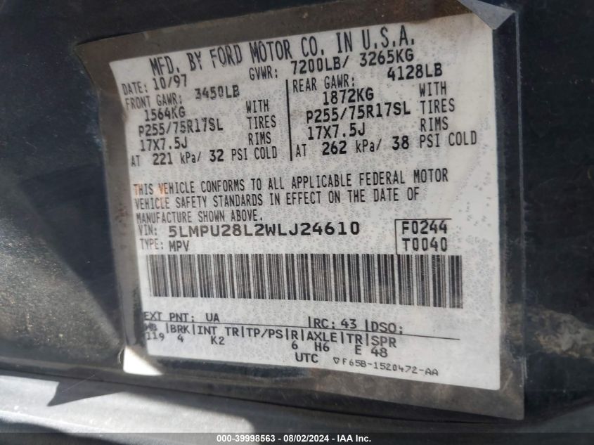 1998 Lincoln Navigator VIN: 5LMPU28L2WLJ24610 Lot: 39998563