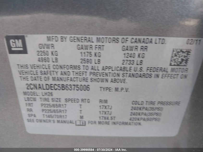 2011 Chevrolet Equinox 1Lt VIN: 2CNALDEC5B6375006 Lot: 39998584