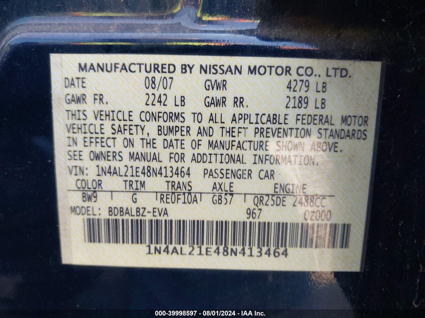 2008 Nissan Altima 2.5 S VIN: 1N4AL21E48N413464 Lot: 39998597