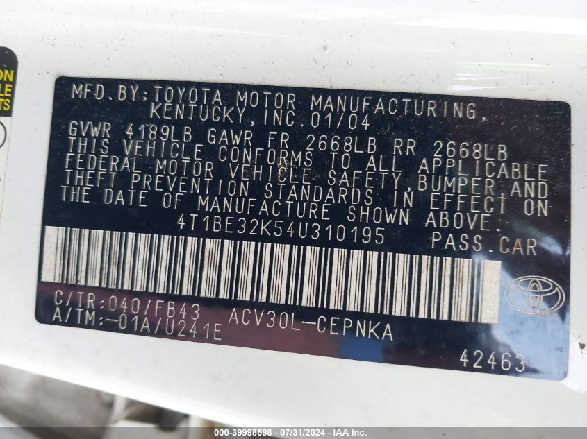 2004 Toyota Camry Le VIN: 4T1BE32K54U310195 Lot: 39998598