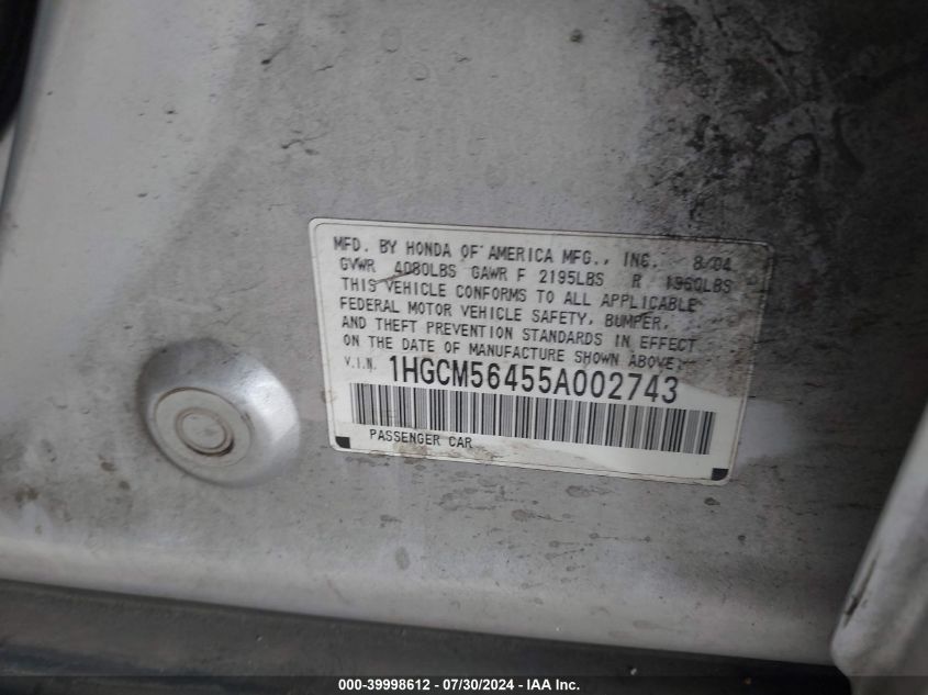 2005 Honda Accord 2.4 Lx VIN: 1HGCM56455A002743 Lot: 39998612