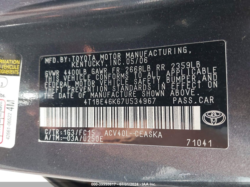 2007 Toyota Camry Se VIN: 4T1BE46K67U534967 Lot: 39998617