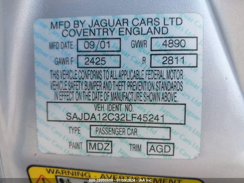2002 Jaguar Xj8 Sport VIN: SAJDA12C32LF45241 Lot: 39998658