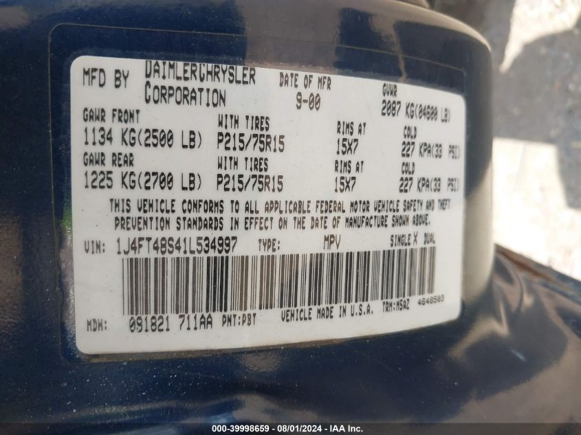 2001 Jeep Cherokee Sport VIN: 1J4FT48S41L534997 Lot: 39998659