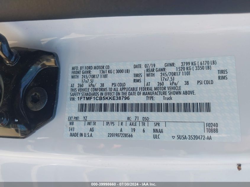 2019 Ford F-150 Xl VIN: 1FTMF1CB5KKE38796 Lot: 39998660