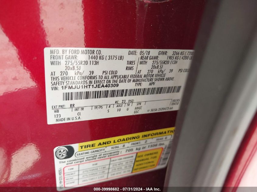 2018 Ford Expedition Xlt VIN: 1FMJU1HT1JEA40309 Lot: 39998682