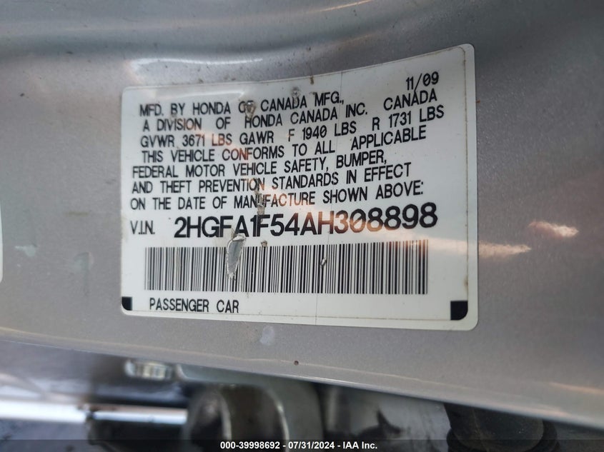 2010 Honda Civic Lx VIN: 2HGFA1F54AH308898 Lot: 39998692