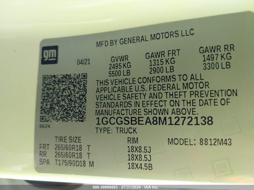 2021 CHEVROLET COLORADO - 1GCGSBEA8M1272138