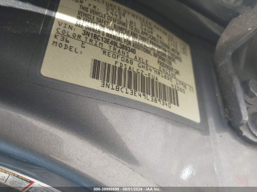 2009 Nissan Versa 1.8Sl VIN: 3N1BC13E49L389340 Lot: 39998699