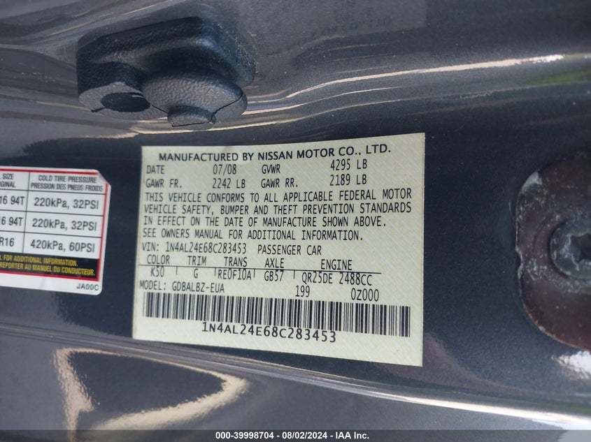 2008 Nissan Altima 2.5 S VIN: 1N4AL24E68C283453 Lot: 39998704